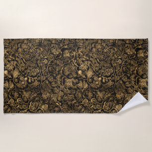Gold Floral Baroque Pattern on Black Beach Towel