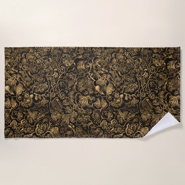 Gold Floral Baroque Pattern on Black Beach Towel (Front)