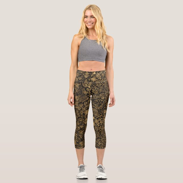 Gold Floral Baroque Pattern on Black Capri Leggings (Front)