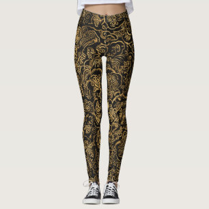 Gold Floral Baroque Pattern on Black Leggings