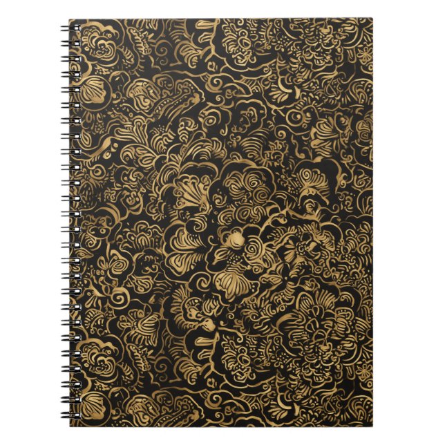 Gold Floral Baroque Pattern on Black Notebook (Front)