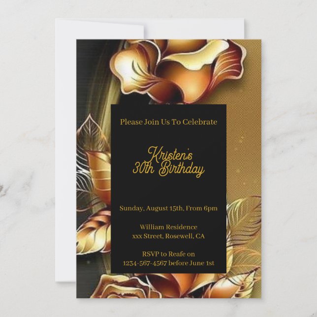 Gold Floral Birthday Invitation (Front)