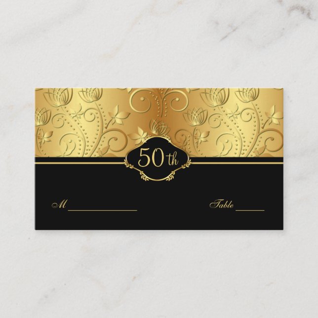 Gold Floral Black 50th Wedding Reception Place Car Card (Front)