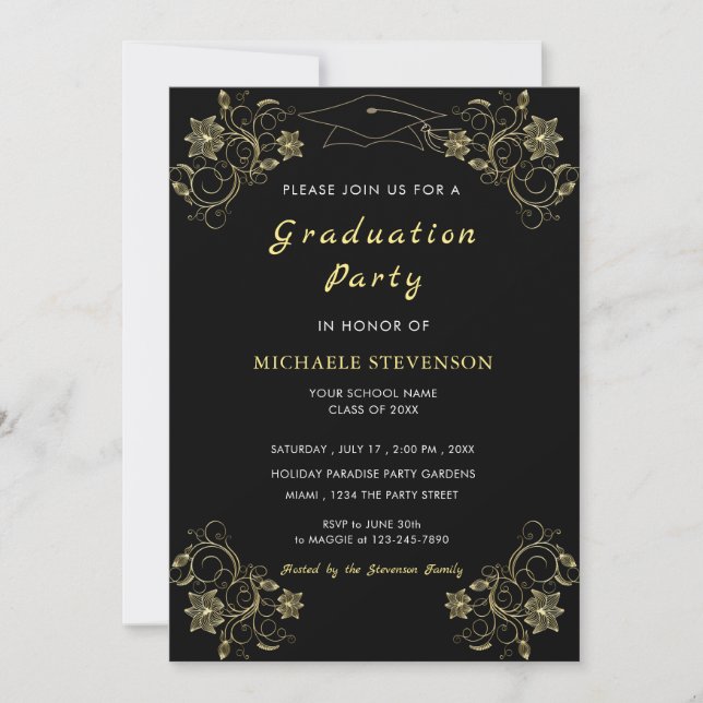 Gold Floral Black Graduation Invitation Template (Front)