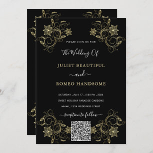 Gold Floral Black Wedding Invitation with QR Code
