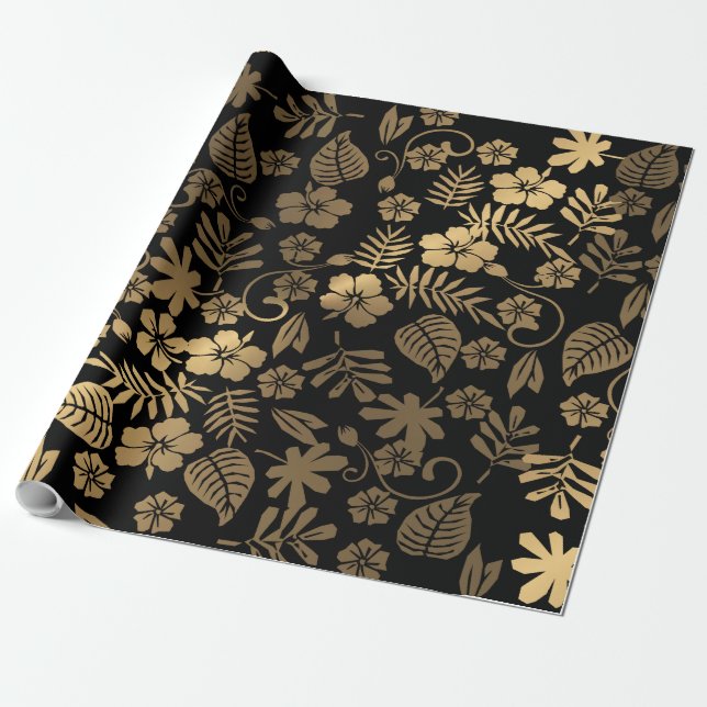 Gold Floral & black  Wrapping Paper (Unrolled)