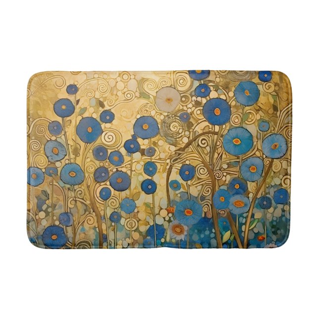 Gold Floral Blue Art Abstract Modern Bath Mat (Front)