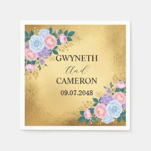 Gold Floral Blue Pink Wedding Napkins