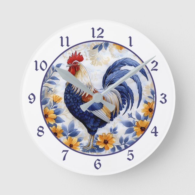 Gold Floral Blue Rooster Farmhouse Round Clock (Front)