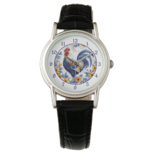 Gold Floral Blue Rooster Watch