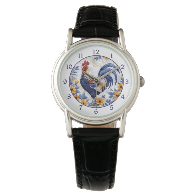 Gold Floral Blue Rooster Watch (Front)