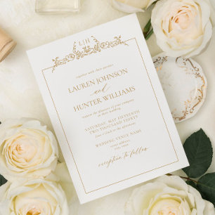 Gold Floral Border Monogram Wedding Invitation