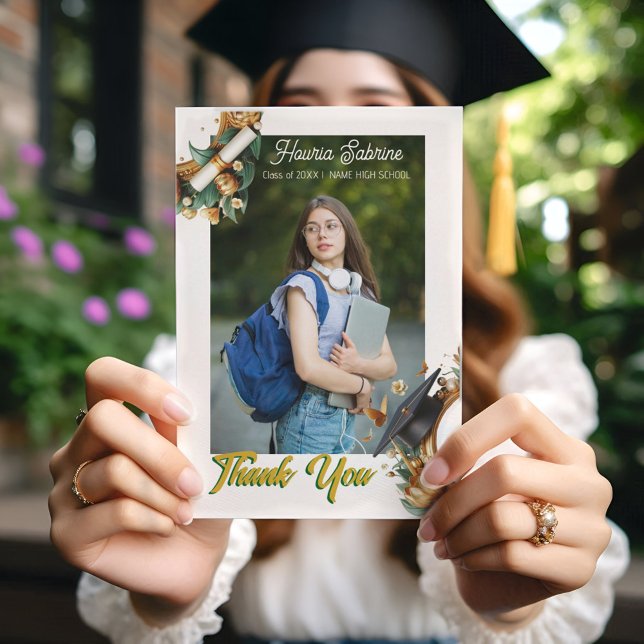 Gold Floral Border Photo Graduation Thank You Card (Creator Uploaded)