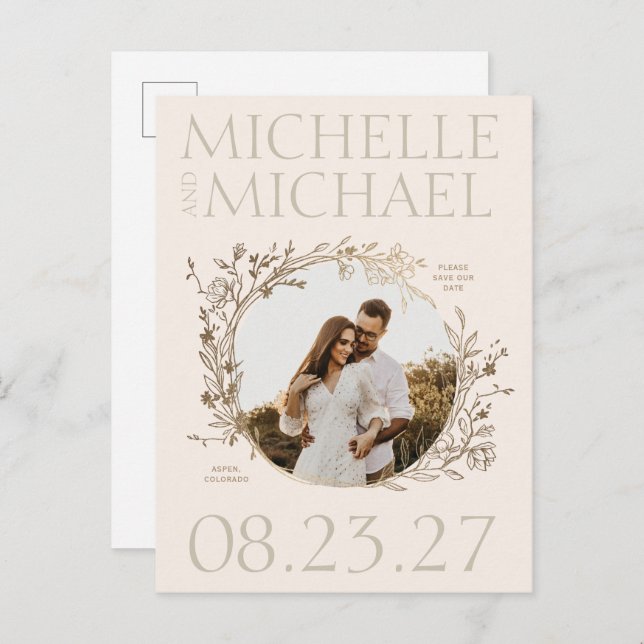 Gold Floral Border Photo Save The Date Postcard (Front/Back)