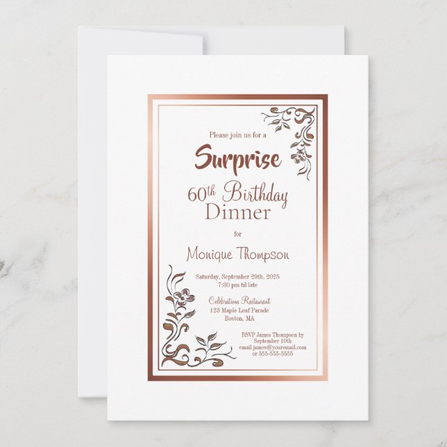 Gold Floral Border Surprise 60th Birthday Dinner Invitation (Front)