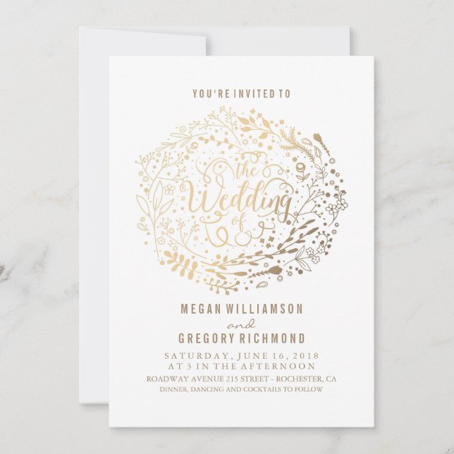 Gold Floral Bouquet Elegant Modern Wedding Invitation (Front)