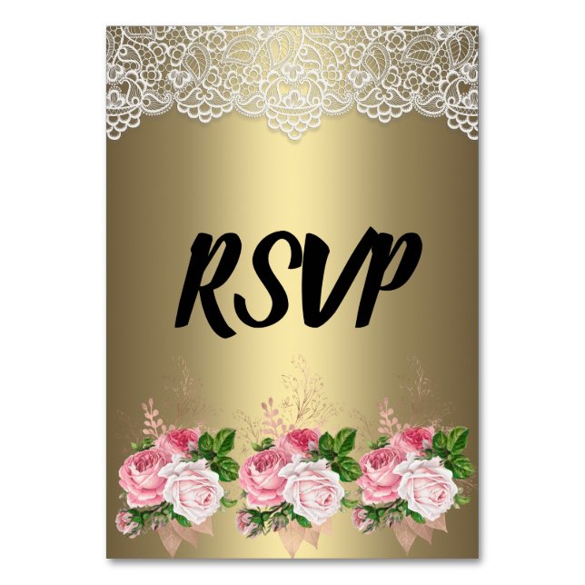 Gold Floral Bouquet Lace RSVP Table Number (Front)