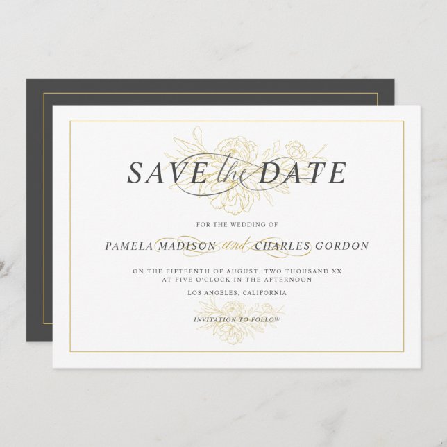 Gold floral bouquet outline elegant typography invitation (Front/Back)