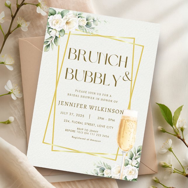 Gold Floral Brunch & Bubbly Bridal Shower Invitation (Gold Floral Brunch Bubbly Bridal Shower Invitation)