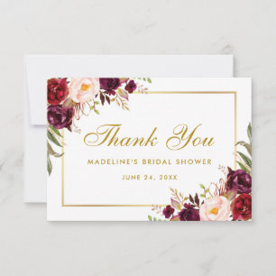 Gold Floral Burgundy Bridal Shower Thank You Invitation
