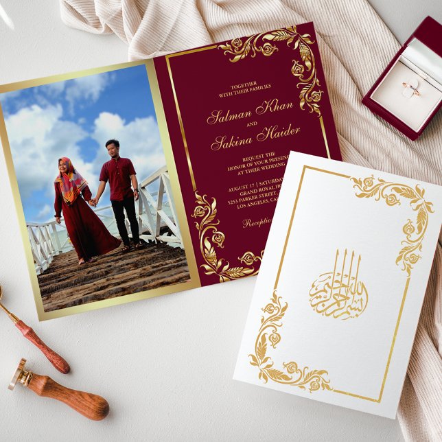 Gold Floral Burgundy Photo Muslim Wedding Foil Card (Creator Uploaded)