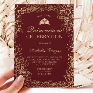 Gold floral burgundy Tiara chic Quinceañera Invitation