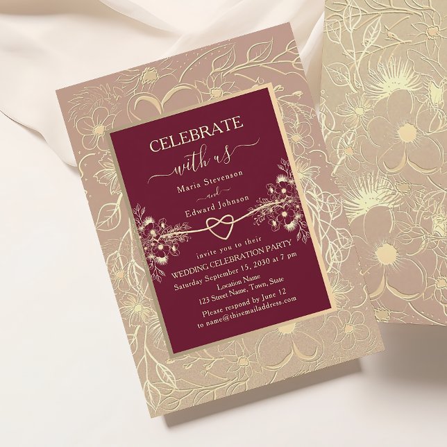 Gold Floral Burgundy Wedding Reception Invitation (Creator Uploaded)