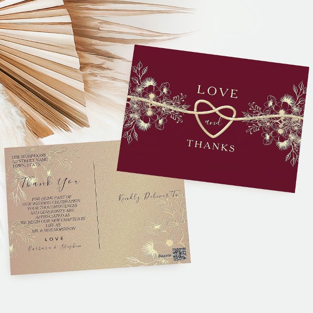 Gold Floral Burgundy Wedding Thank You Postcard (Creator Uploaded)