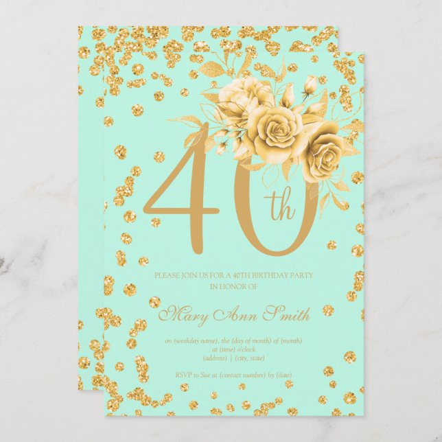 Gold Floral & Confetti 40th Birthday Mint  Invitation (Front/Back)