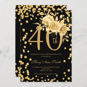Gold Floral & Confetti 40th Birthday Party Black  Invitation