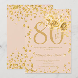 Gold Floral & Confetti 80th Birthday Party Blush Invitation