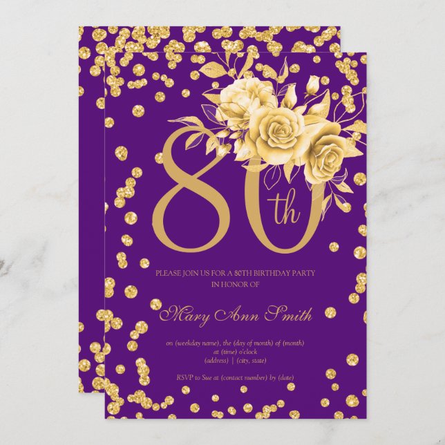Gold Floral & Confetti 80th Birthday Party Purple  Invitation (Front/Back)