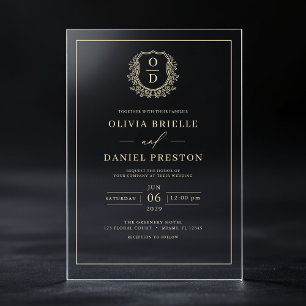 Gold Floral Crest Monogram Wedding Elegant Acrylic Invitations