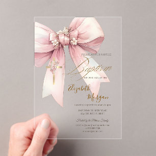  Gold Floral Cross  Bow Baptism Pink Acrylic Invitations