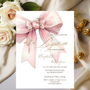 Gold Floral Cross  Bow Baptism Pink Invitation
