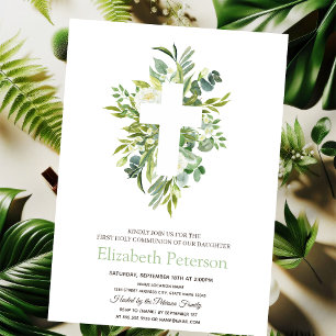 Gold Floral Cross Leaves First Holy Communion Invitation
