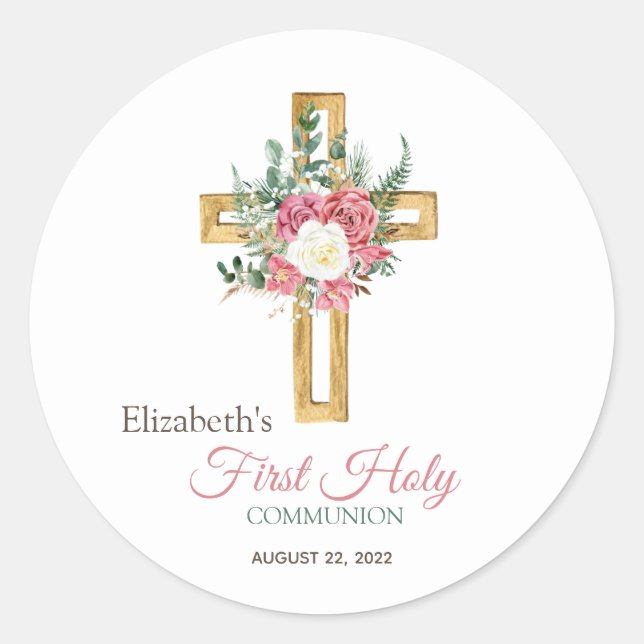 Gold Floral Cross Roses First Holy Communion   Classic Round Sticker (Front)