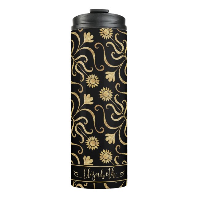 Gold Floral Damask Sunflower Classy Black Folk Art Thermal Tumbler (Front)