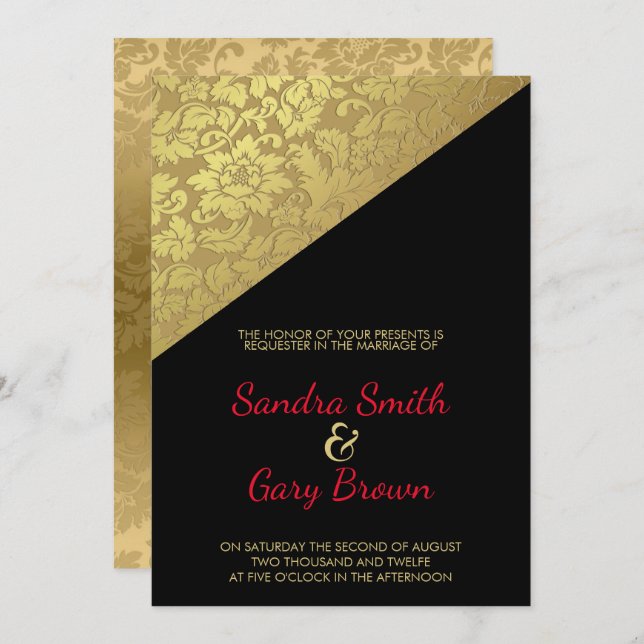 Gold Floral Damask Texture Wedding Invitation (Front/Back)