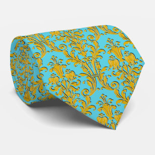 Gold Floral Damask Turquoise Wedding Tie