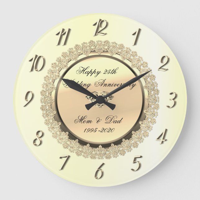 Gold Floral Diamond 25th Wedding Anniversary Large Clock (Front)