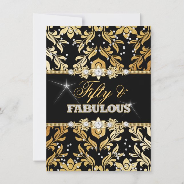 Gold Floral Diamond Damask Fifty and Fabulous Invitation (Front)