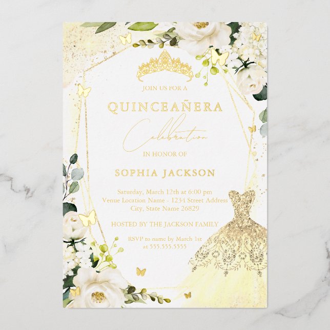 Gold Floral Dress quinceanera Foil Invitation (Front)