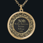Gold Floral Elegance 50th Wedding Anniversary Gold Plated Necklace<br><div class="desc">Gorgeous gold and black fiftieth Wedding Anniversary keepsake necklace with elegant,  detailed gold floral lace border. Customise the name and date text with your information. Matching Anniversary invitations,  stickers and more in my store.</div>