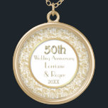Gold Floral Elegance 50th Wedding Anniversary Gold Plated Necklace<br><div class="desc">Gorgeous gold and white fiftieth Wedding Anniversary Necklace with detailed gold floral lace over white border and white centre with gold circle accent. Customise the names and date text with your information.  Matching Anniversary invitations,  ornament and more in my store.</div>
