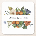 Gold Floral | Elegant Eucalyptus Greenery Square Paper Coaster<br><div class="desc">Pretty,  elegant,  modern and bohemian personalised and custom wedding square paper coaster for your special occasion! The design matches with the rest of the Orange Leaf Foliage Collection. Watercolor orange fruit with dark and light green leaves leaf foliage side border frames the top and bottom of your names.</div>