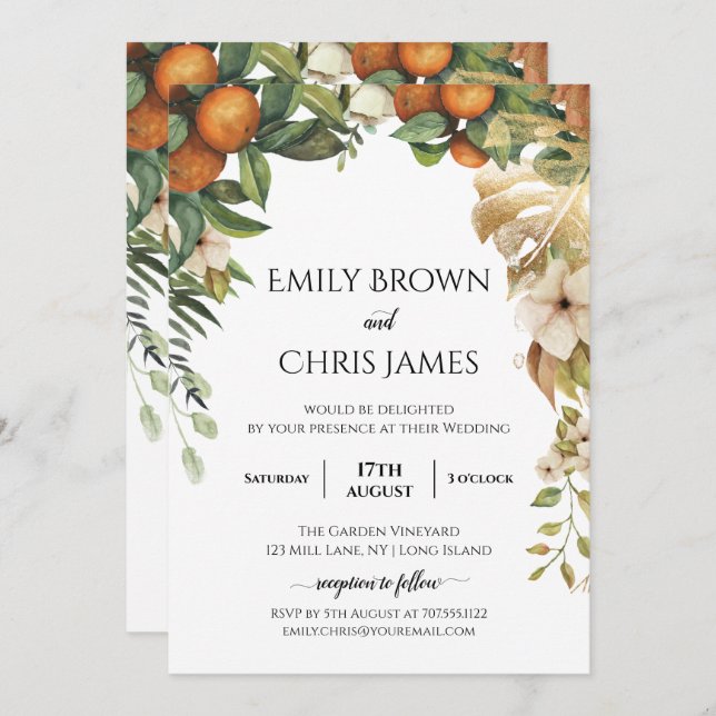 Gold Floral | Elegant Eucalyptus Greenery Wedding Invitation (Front/Back)