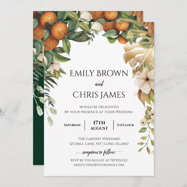 Gold Floral | Elegant Eucalyptus Greenery Wedding Invitation (Front/Back)