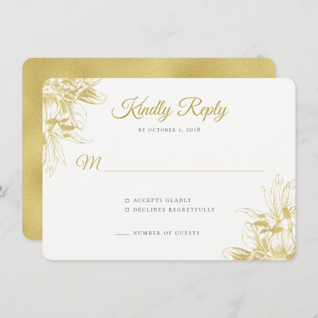 Gold Floral Elegant Wedding Invitation RSVP Card (Front/Back)