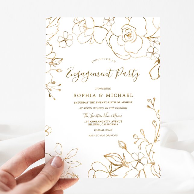 Gold Floral Elegant White Modern Engagement Party Invitation (Creator Uploaded)